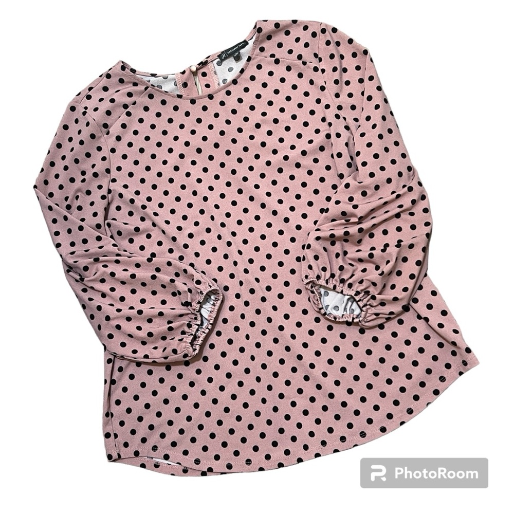 Adrianna Papell Blouse, Mauve Pink with Black Polkadots, Long Puffy Sleeve Lg